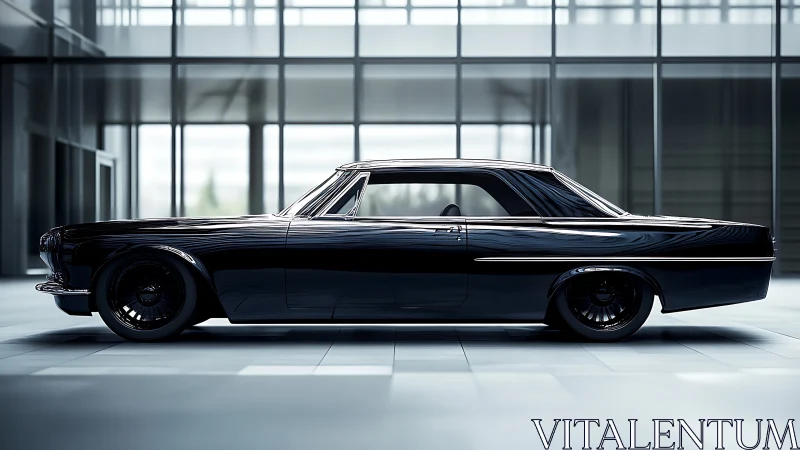 Black classic coupe rendered in a glass office atrium