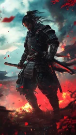 War-torn samurai amid blazing embers and stormy sky.