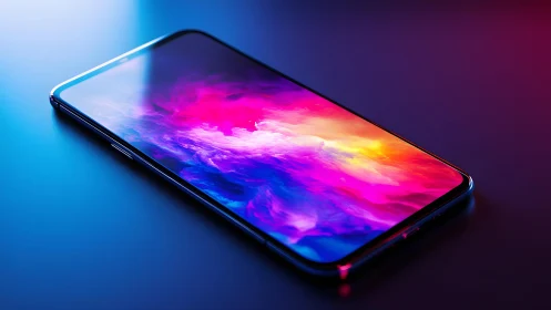 Modern smartphone with vibrant abstract display, futuristic style.