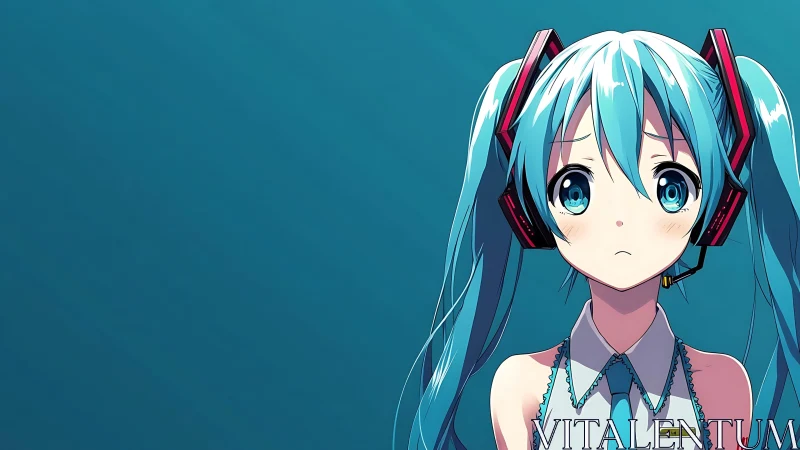 Blue-haired anime girl with headset shows quiet concern.