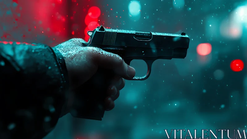 Rain-soaked handgun in cinematic teal-red bokeh night environment