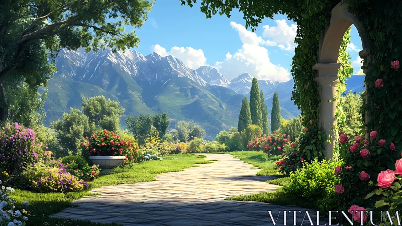 Sunlit garden path opens toward distant alpine mountains