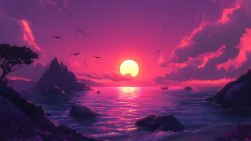 Vibrant magenta sunset illuminates tranquil island sea