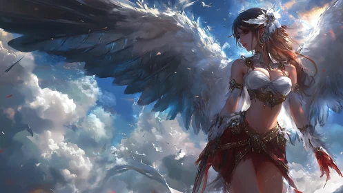 Storm-lit winged goddess pauses above the thunder-draped clouds