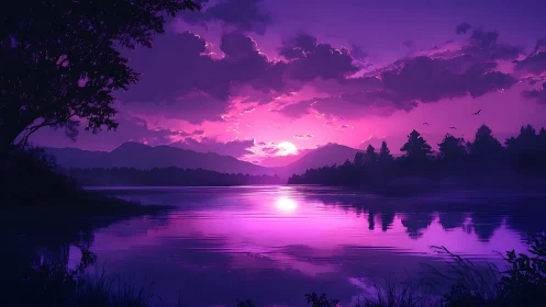 Violet twilight sun sinks over still mountain lake horizon.