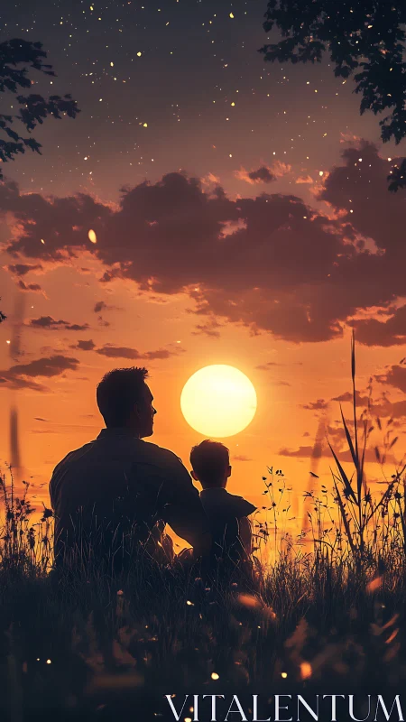 Silhouetted adult and child seated in grass at sunset.