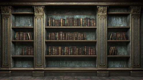 Digital 3D rendering of ornate vintage library bookcase.