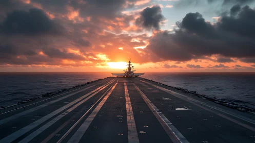 Aircraft carrier flight deck aligned with low-contrast ocean sunset