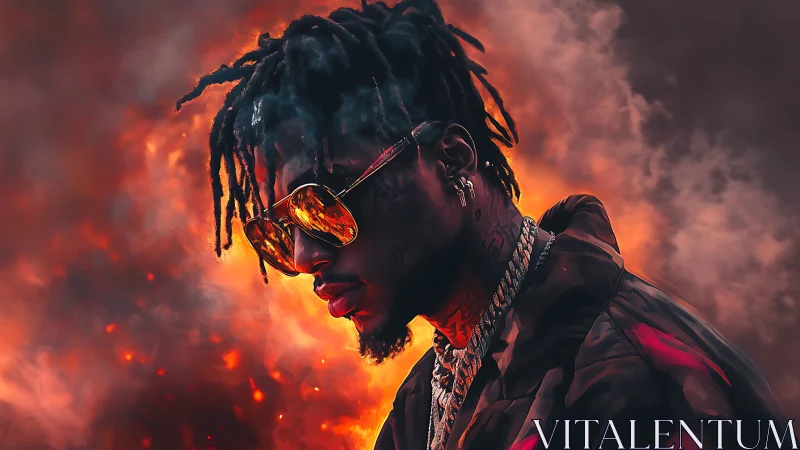 Digital rap portrait against blazing inferno sky.