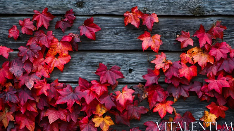 Red ivy foliage contrasts weathered wooden planks with strong texture