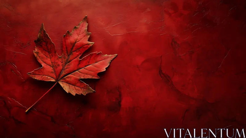 Single red maple leaf on textured dark red surface.