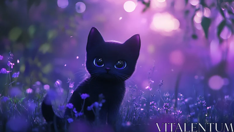 Black cat with luminous eyes in flowering meadow environment.