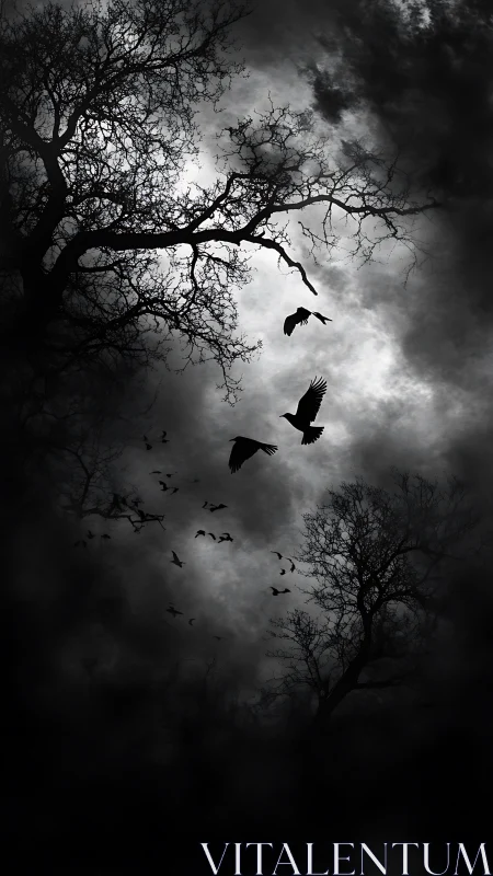 High-contrast silhouetted crows traverse turbulent nocturnal sky