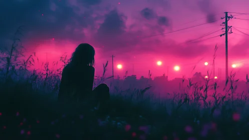 Silhouette in neon dusk field under glowing horizon lights.