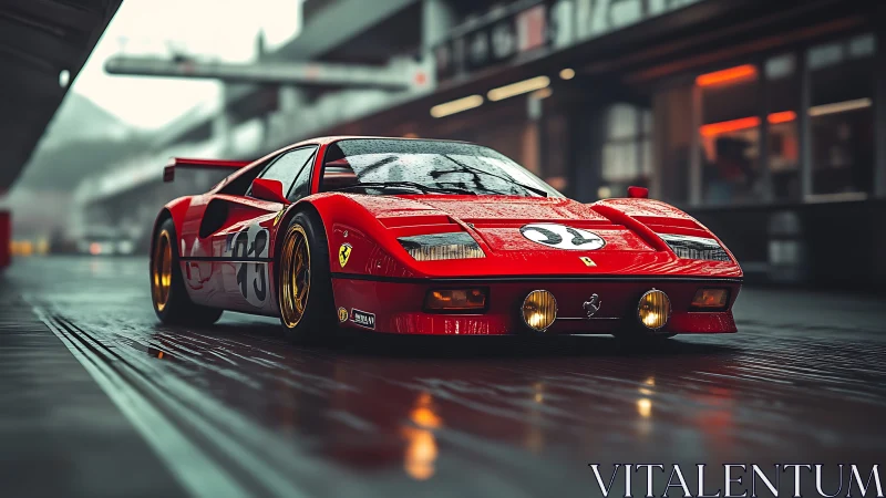 Red racing supercar gleams on a rain-soaked pit lane at dusk.