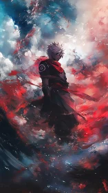 Masked figure in swirling red and blue atmospheric field.