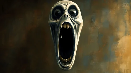Digital painting of elongated screaming skull against void background.
