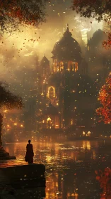 Monk studies luminous riverside temple under golden dusk