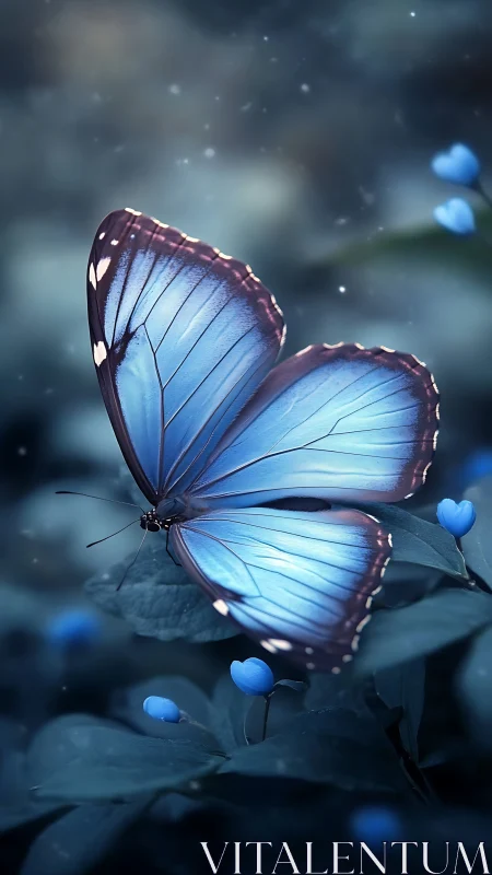 Blue butterfly rests on foliage in shallow depth of field