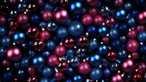Glittering red and blue baubles create festive holiday depth.