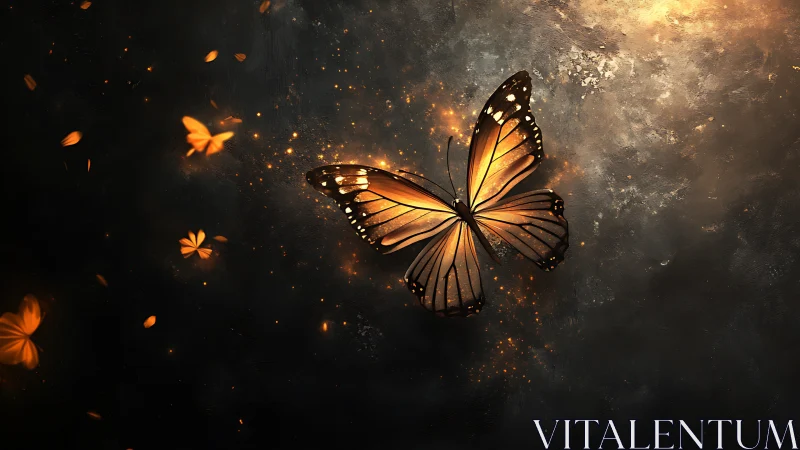 Glowing orange butterfly hovers against dark textured space