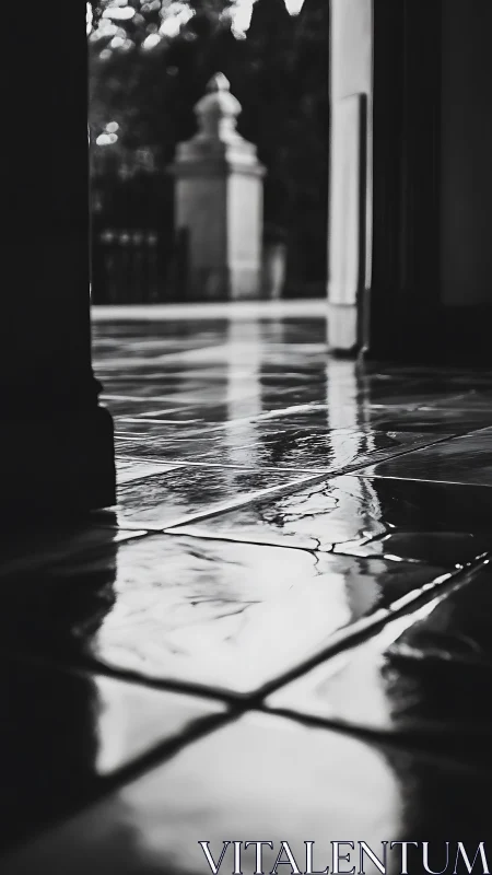 Wet tiled corridor reflects outdoor stone balustrade view
