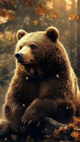 Brown bear sits on forest rock in soft autumn light