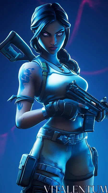 Stylized female soldier holding compact submachine gun