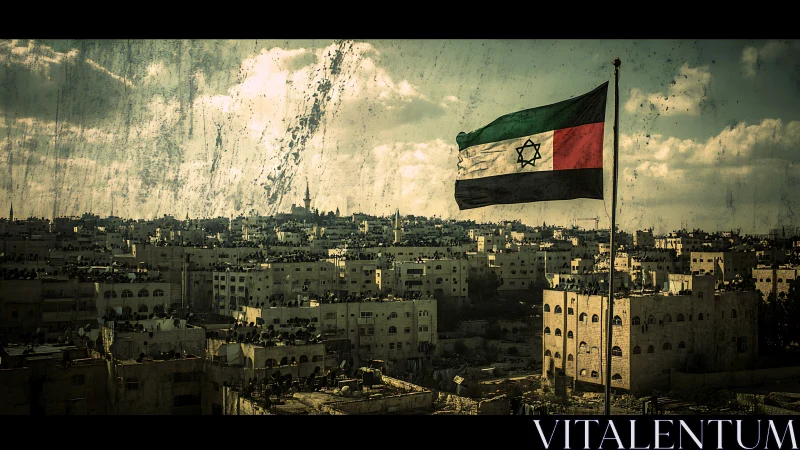 Weathered hybrid flag flies over dense Middle East city.