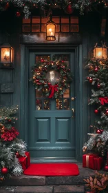 Architectural front door vignette with calibrated Noël lighting.