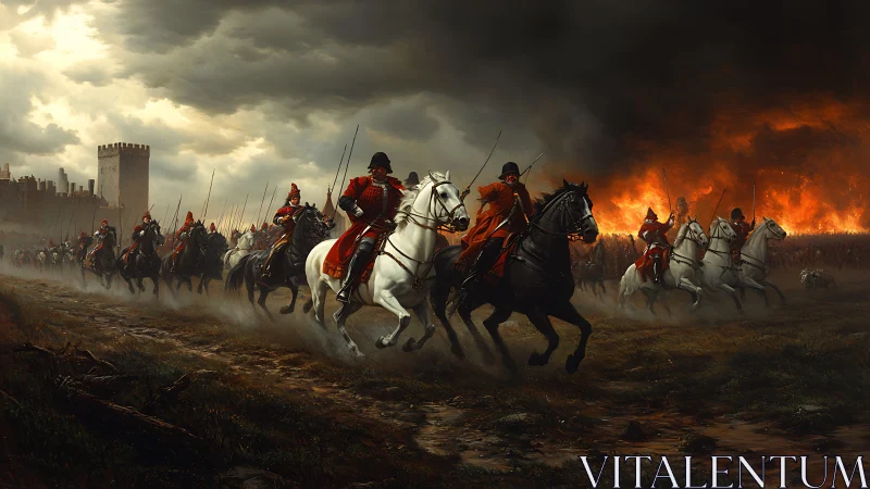 Armored cavalry charge forward as a burning battlefield roars