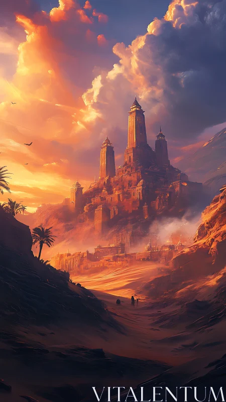 Sunlit desert citadel glowing beneath drifting clouds.