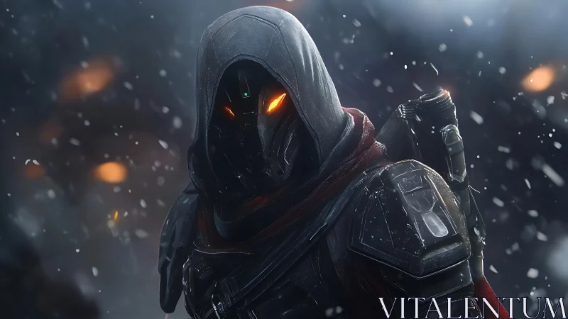 Hooded cybernetic assassin with glowing visor in snowstorm