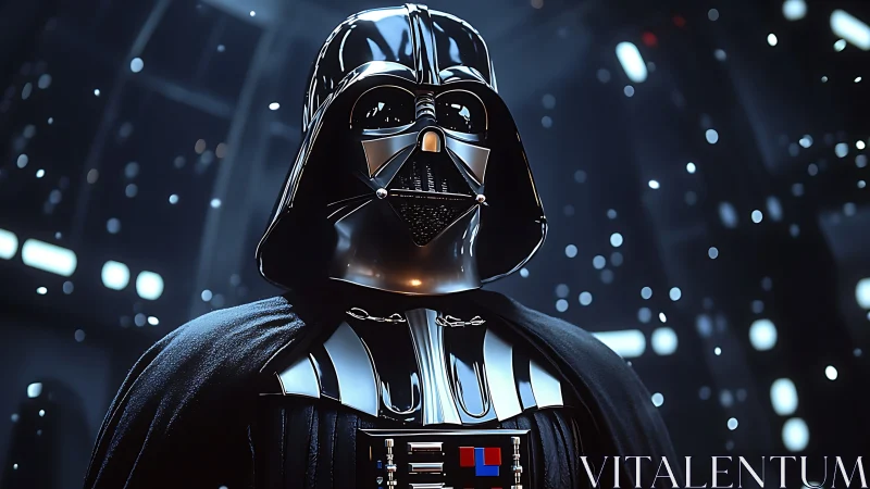 Black armored figure stands in illuminated sci‑fi interior