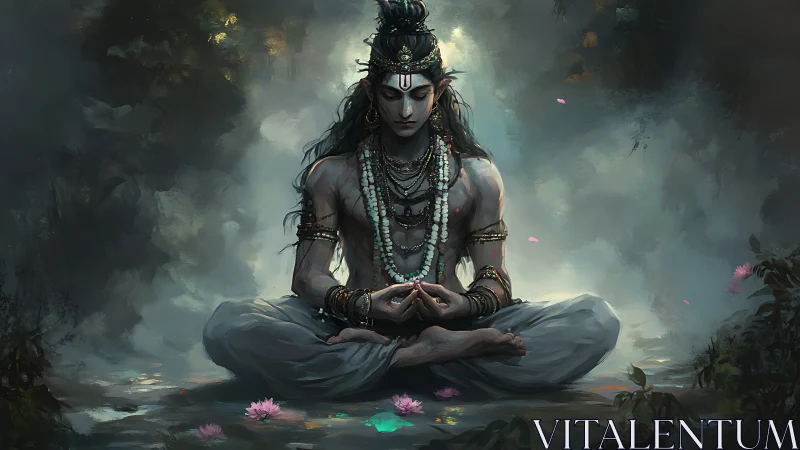 Meditating ascetic rendered with volumetric light and soft depth haze