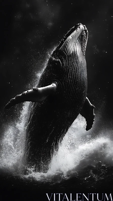 Humpback whale breaching in monochrome ocean scene.