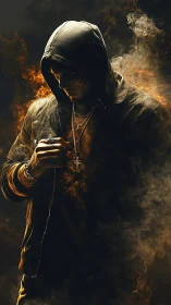 Hooded male figure in fiery smoke, cinematic chiaroscuro portrait