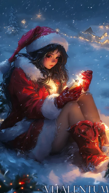 Snowy anime girl in red Christmas coat at night.