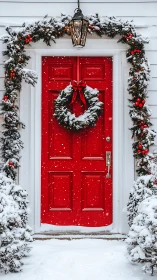Red paneled door with snowy evergreen garland and wreath decor