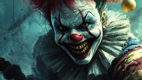 Close-up digital illustration of sinister circus clown face.