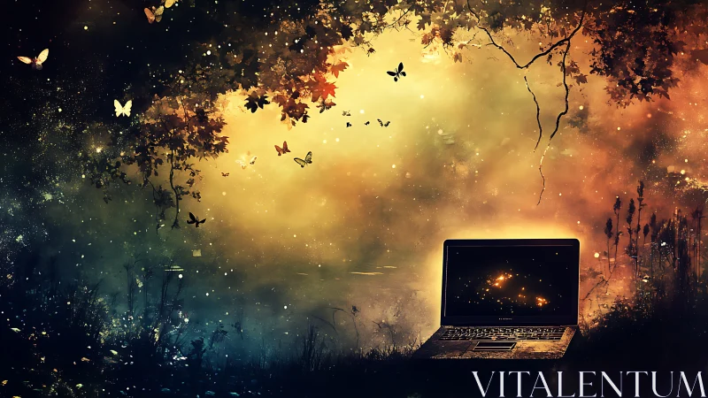 Laptop glows in twilight forest clearing beneath drifting butterflies