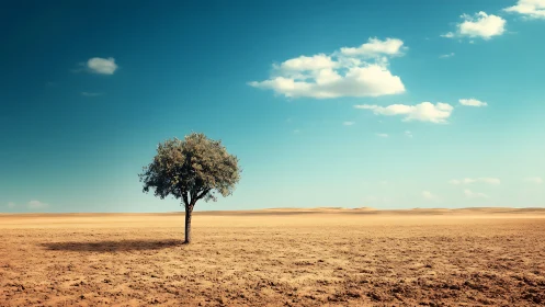Lone tree in vast desert under clear blue sky, minimalist landscape.