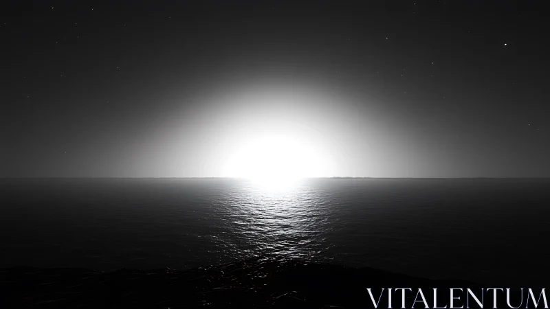 Monochrome seascape horizon with radiant central light source.