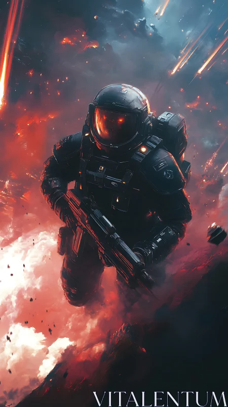 Armored space marine descends through fiery orbital battlefield