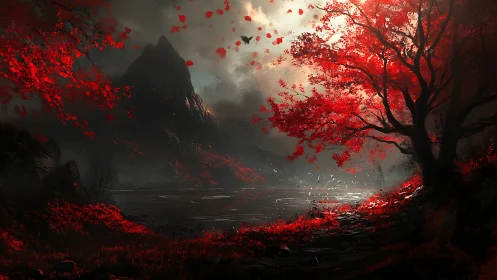 Crimson autumn trees glow beside a misty mountain lake
