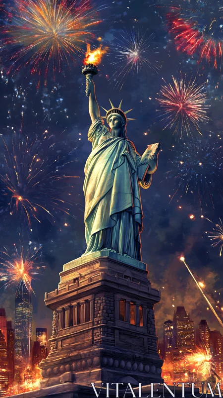 Statue of Liberty ignites night sky with explosive fireworks.