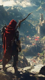 Hooded archer surveys stormlit citadel before the siege.