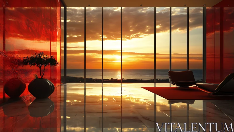 Modern oceanfront lounge captures vivid sunset reflections