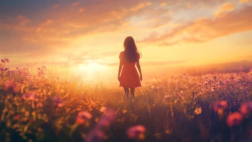 Backlit silhouette in luminous wildflower field at sunset.