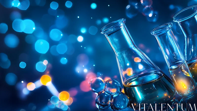 Glowing lab beakers and molecules in a dreamy blue night.